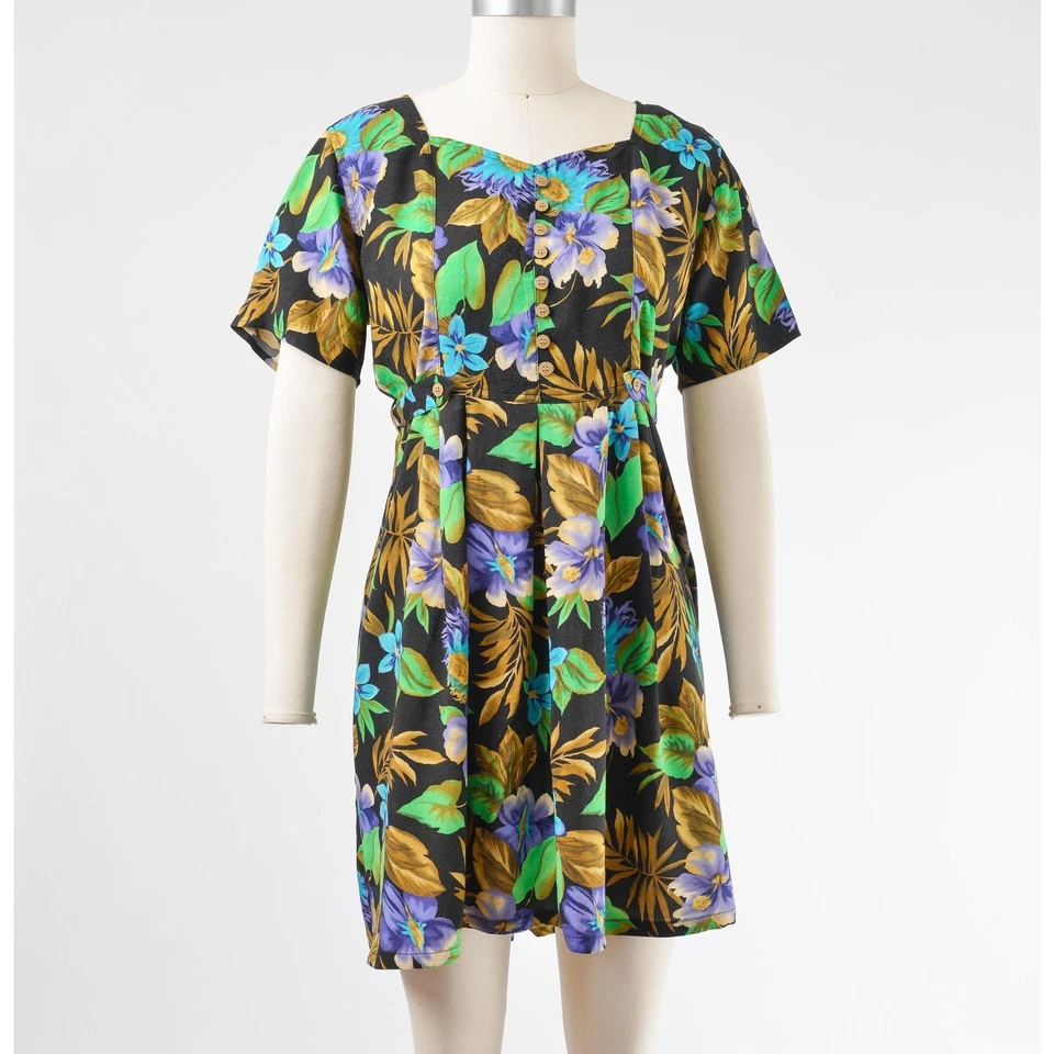 Mini Vestido Babydoll Hawaiano Plisado Floral Tropical Negro Años 90 De Colección S Foto 2 de 4