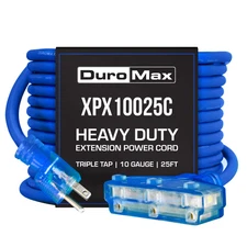 DuroMax XPX10025C SJEOOW 25' 10 Gauge Blue Triple Tap Extension Power Cord