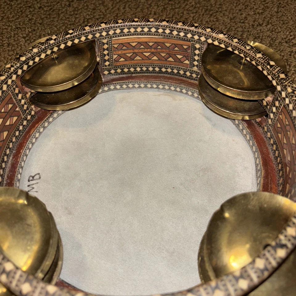 WOODEN EGYPTIAN TAMBOURINE/RIK WITH Inlaid Veneer & BRASS CYMBALS 8” Diameter - Image 3 of 4