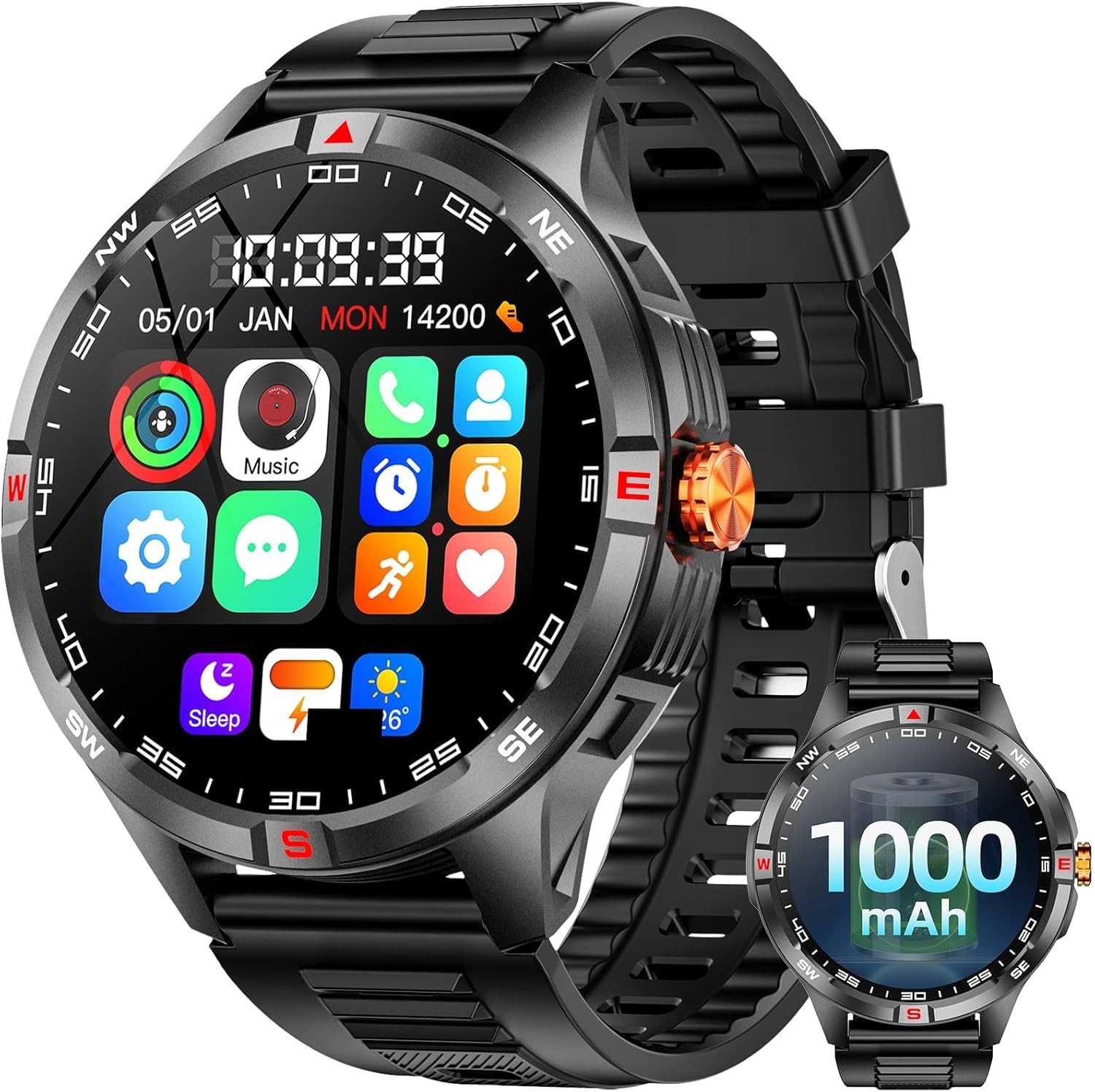 Military Smart Watch For Men (Call Receive/Dial) Rugged 1000mAh Fitness Tracker