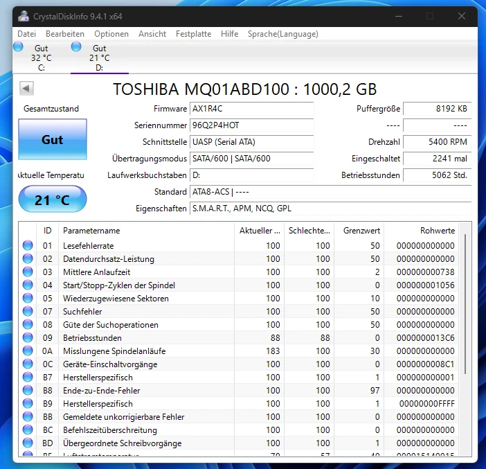 Toshiba 1 TB HDD 2,5 Zoll 9mm 5400 RPM 5062 Betriebsstunden Laptop Festplatte - Bild 3 von 3