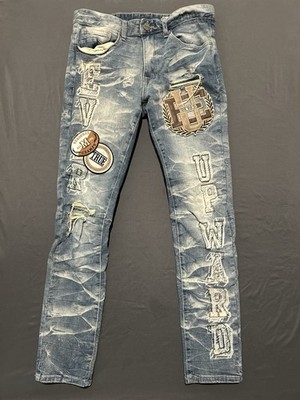 Smoke Rise Jeans Mens 32x32 Blue Distressed Varsity Patchwork Whiskers Slim Fit