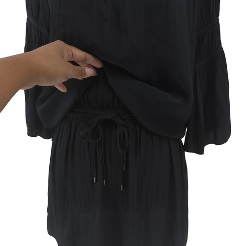 Ramy Brook Women XS Tunic Dress Black Silk Pleated Waist Drawstring Tiered FLAW - Picture 5 of 9