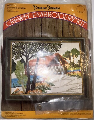 Pauline Denham CREWEL EMBROIDERY KIT #6057 Covered Bridge Vintage 1974 9x12 NEW