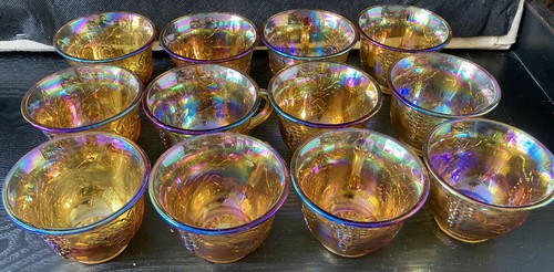 VINTAGE INDIANA GLASS IRIDESCENT AMBER HARVEST CARNIVAL GLASS PUNCH BOWL SET