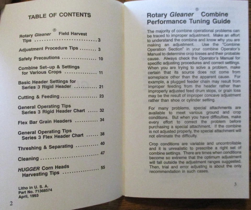 *Combinaciones giratorias Agco Gleaner 1993 guía de ajuste de rendimiento número de pieza 71368574 Foto 3 de 4