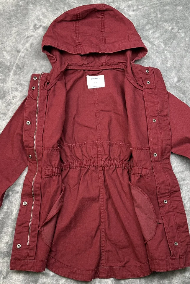 NEW Old Navy Field Jacket Girls Medium 8 Burgundy Wine Full Zip Hooded Pockets - Image 4 of 4