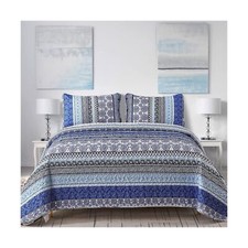 Boho Quilt Set Queen Size, Blue Bohemian 3 Pieces Quilt Sets, Lightweight Sum...
