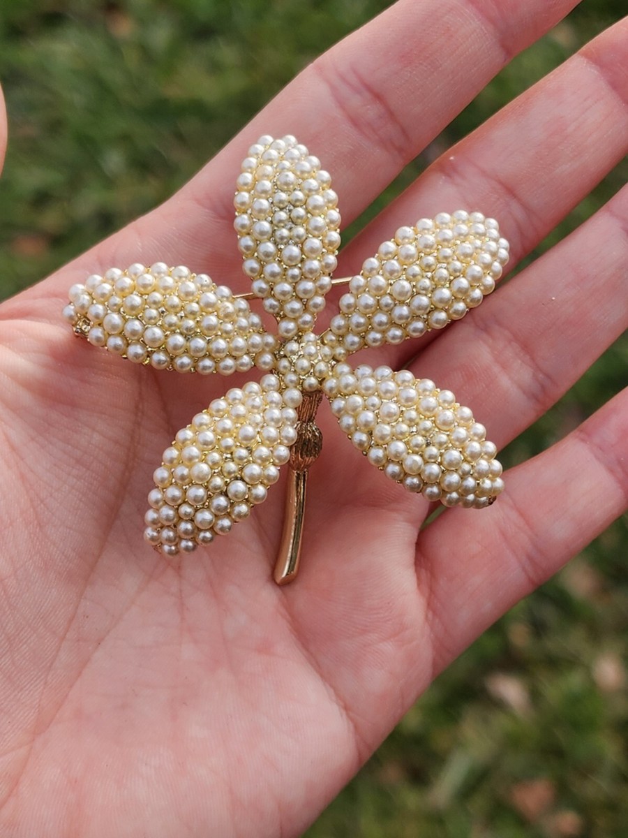 Vintage Large BSK Brooch Pin Brushed Gold Tone Flower Seed Bead