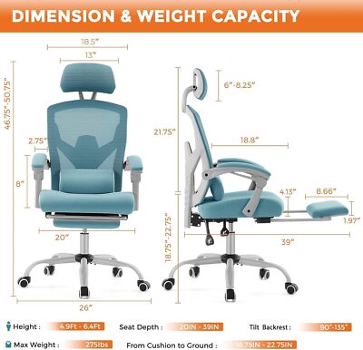 Blue High Back Office Chair. Mesh, Reclining. Home Desk. Swivel & Rolling