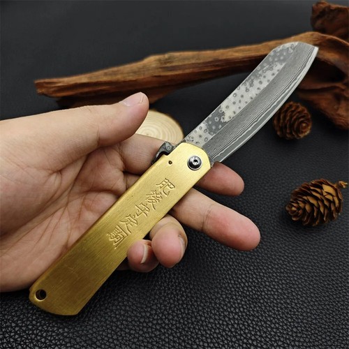 Higonokami Japanese Pocket Folding Knife VG10 Damascus Steel Blade Brass Handle