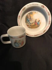 Vintage Peter Rabbit Christening Cup Mug & Bowl WEDGWOOD Frederick Warne 