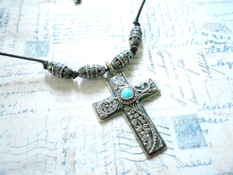 Sterling Silver M. Kline Colorado Large Turquoise Cross Pendant Necklace   RE145 - Image 3 of 4
