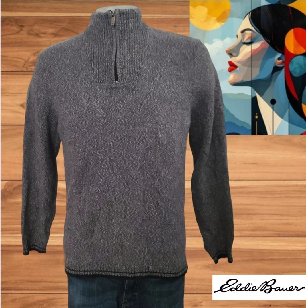 Eddie Bauer Mens Sweater Gray Heathered 1/4 Zip Mock Neck Cotton Sz M