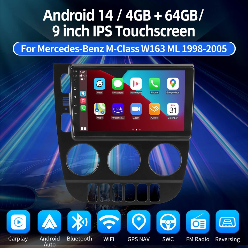 9 «4 + 64GB Android 14 автомобиля стерео радио для Mercedes Benz W163 ML320 AMG ML500 350 - Изображение 3 из 4