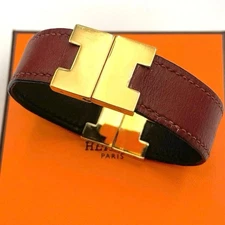 HERMES LOULI BRACELET Gold Hardware Leather Reversible Bordeaux Black