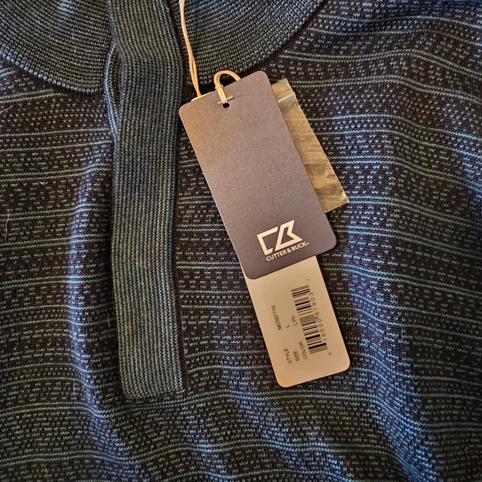 NWT Cutter &Buck Sweater Mens Large Mock Neck Pullover Blue Jacquard Merino Wool - Image 3 of 4