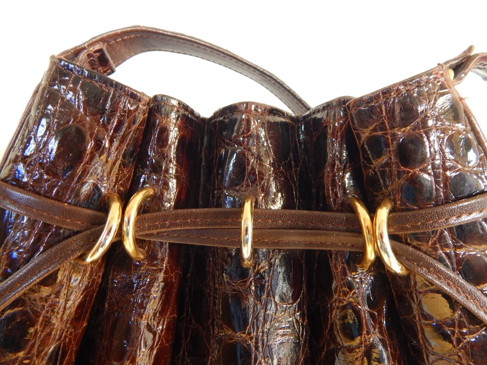 Genuine Chocolate Colored Crocodile Skin Bucket Bag Purse 10.5" tall x 12" wide - Image 3 of 4
