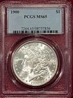1900 MORGAN SILVER DOLLAR GRADED AN MS65 BY PCGS WITH LIGHTED BOX