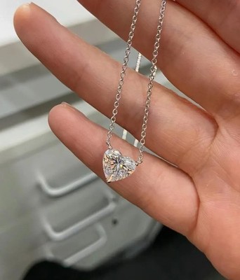 Heart Lab Grown Diamond Pendant Curb Link Chain 18'' 14k White Gold 3 Carat