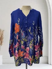 VTG Collections ETC Women M Blue Floral Henley Popover Tunic Boho Cotton Flowy