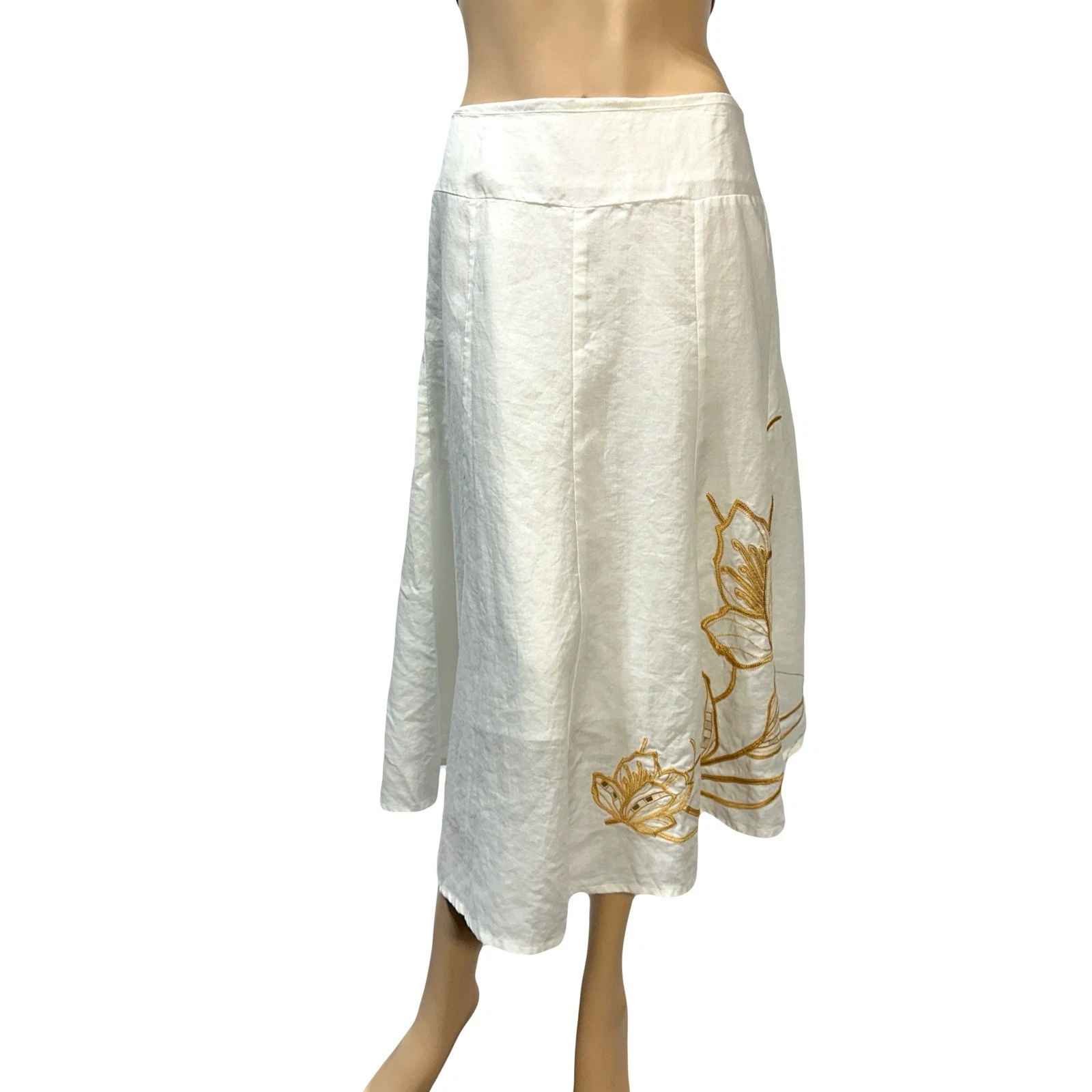 Lino USA Linen A-Line Midi Skirt Size 1X XL Women’s White Gold Embroidered