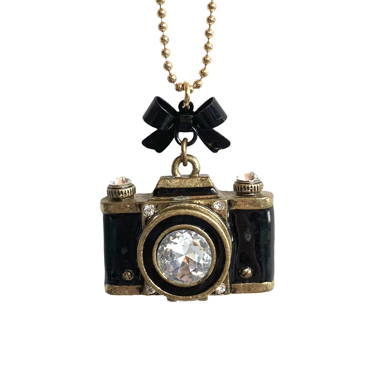 Betsey Johnson Camera Necklace Black Hidden Rose Pendant Crystal