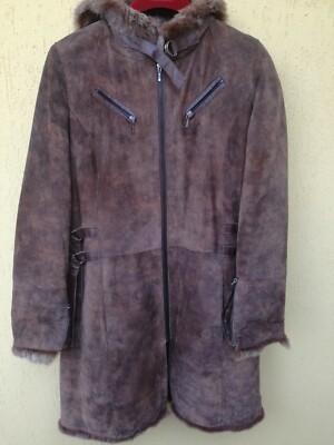 Womens Conbipel Long Leather Fur Hooded Coat Size 46 Used
