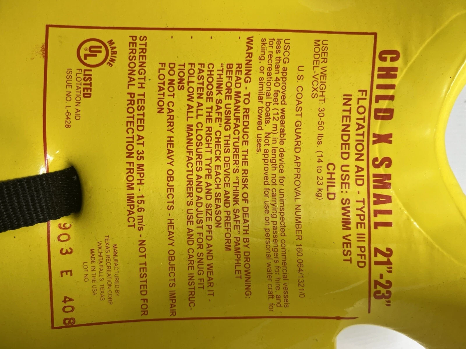 Texas Recreation Super Soft Vinyl-Coated X Small Child's Life Jacket - Yellow - product detail image 6