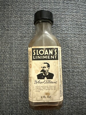 Vintage 5 inch, 2 1/2 Oz Sloan s Liniment Embossed Glass Bottle With Product
