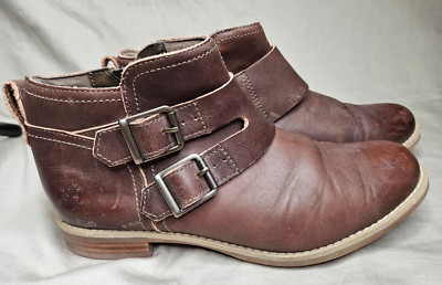 Timberland Moto Ankle Boots Womens SZ 9.5 Brown Leather Harness Double Buckle