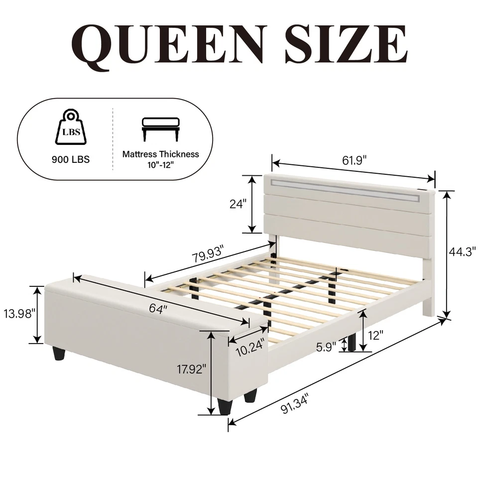 Full/Queen Size Bed Frame with Storage Upholstered Headboard with LED Lights - Image 3 of 4