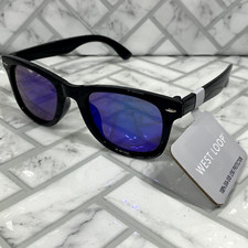 NWT West Loop Sunglasses 61895CAL300 Black Square Blue Mirror Lens 100 UVA-UVB
