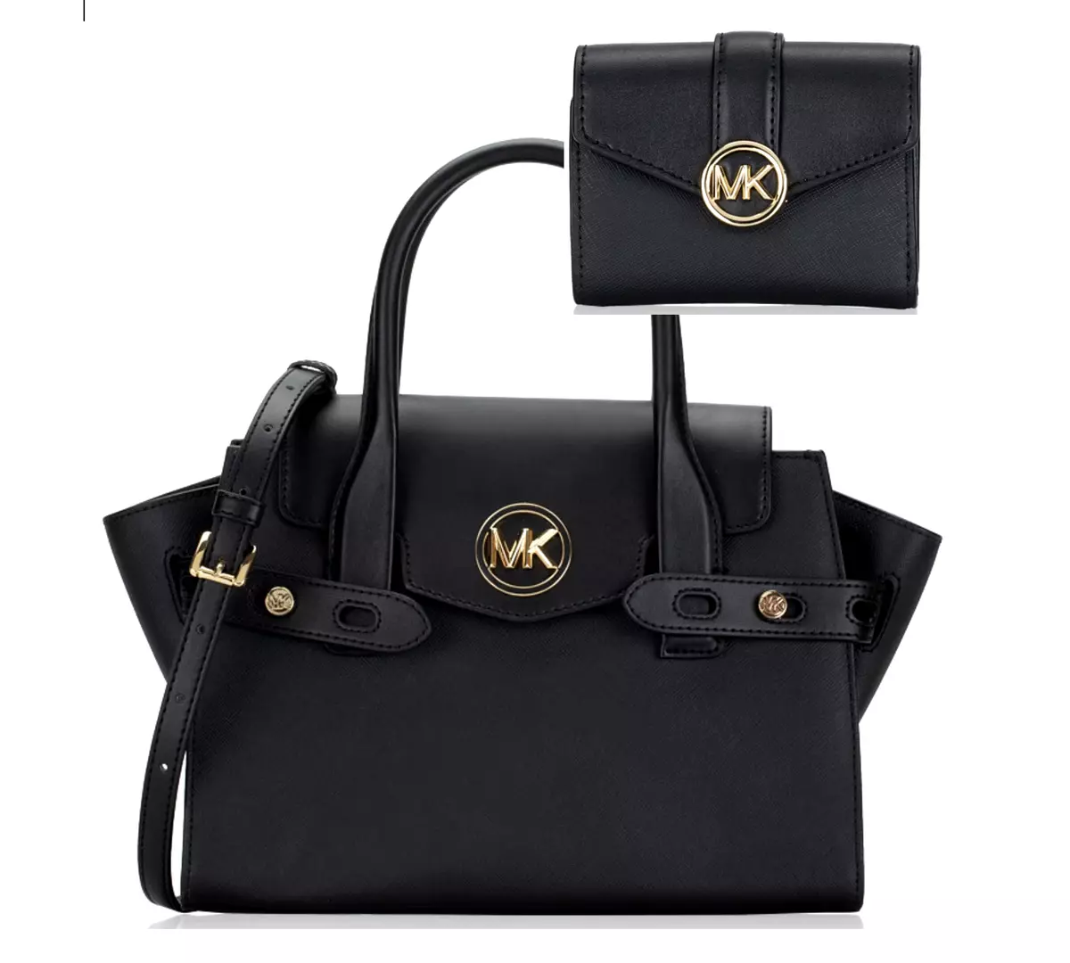 MICHAEL KORS CARMEN MEDIUM FAUX LEATHER BELTED SATCHEL WALLET IN BLACK