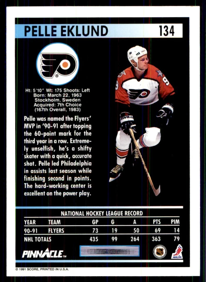 1991-92 Pinnacle Pelle Eklund Philadelphia Flyers #134 - Image 2 of 2