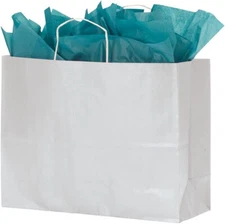 Paper Bags 100 White Kraft Shopping Handles Vogue 16” x 6” x 12 ½” High Large
