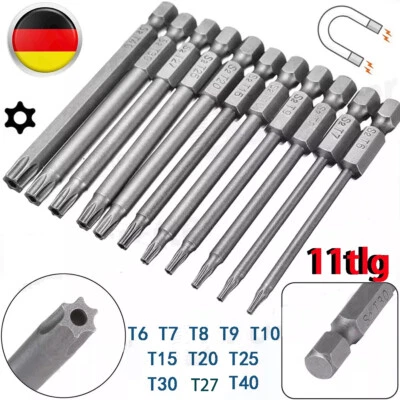 MARKENLOS 11x Torx Bit Set T6-T40 100mm Lang Magnetisch mit Stirnloch Schraubendreher Satz