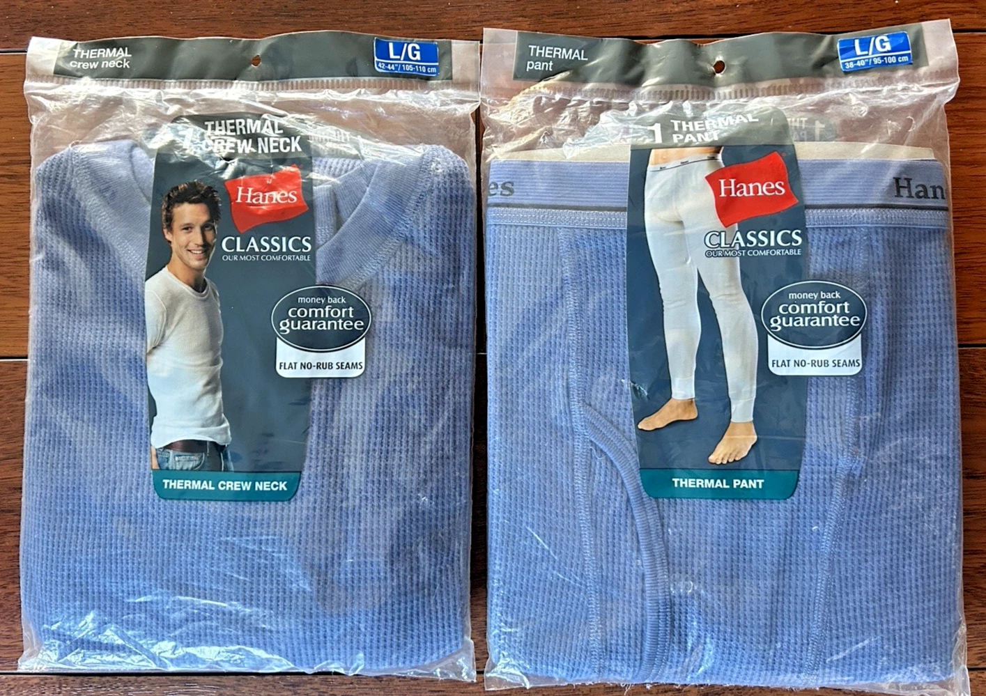 Hanes Thermal Classic Pant & Crew Neck Shirt Set Men's Waffle Knit Large Blue