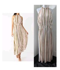 Nine West Dress Size XL Midi Button Halter Striped Ruffled Neck Stretch Waist 