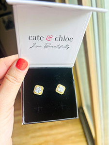 Authentic Cate & Chloe Gold Plated Square White CZ Stud Earrings Bezel Set Butterfly