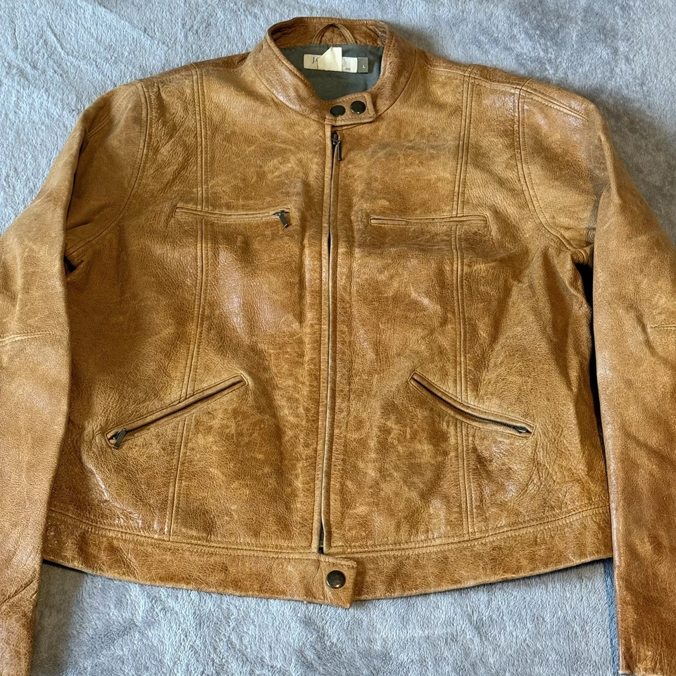 Jaqueta feminina Y2K vintage anos 90 J Crew couro marrom bronzeado Moto Cafe Racer tamanho M - Imagem 2 de 4
