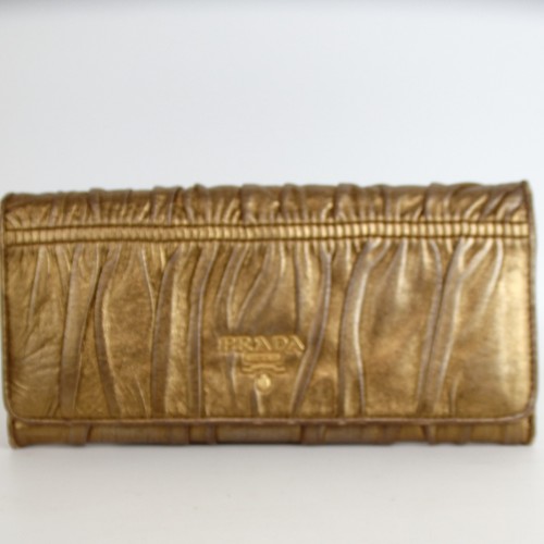 Authentic Prada Gathered Wallet, Gold Leather[Used]42768