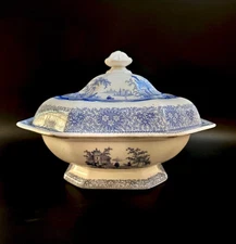 Adams & Sons ISOLA BELLA Covered Vegetable Serving Dish Blue White Transfer Ware