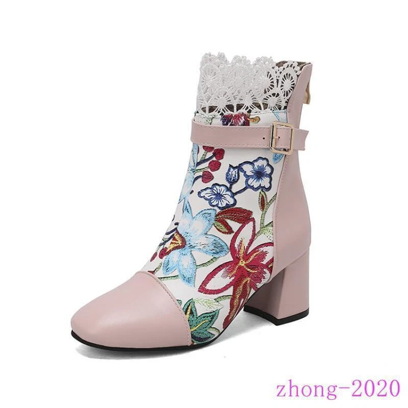 Mujeres Vestido Fiesta Botines Punta Cuadrada Estampado Floral Espalda Cremallera Tacón Bloque Zapatos Foto 4 de 4