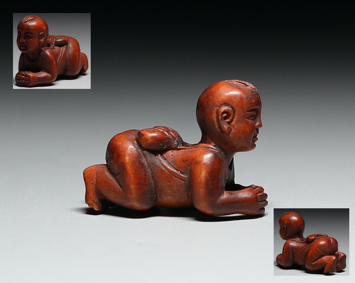 Netsuke Antique Kid Signed Japanese Boxwood vintage Ojime Edo Inro