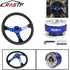 345mm Deep Dished Blue Racing Steering Wheel+Ball Quick Release Adapter Kit