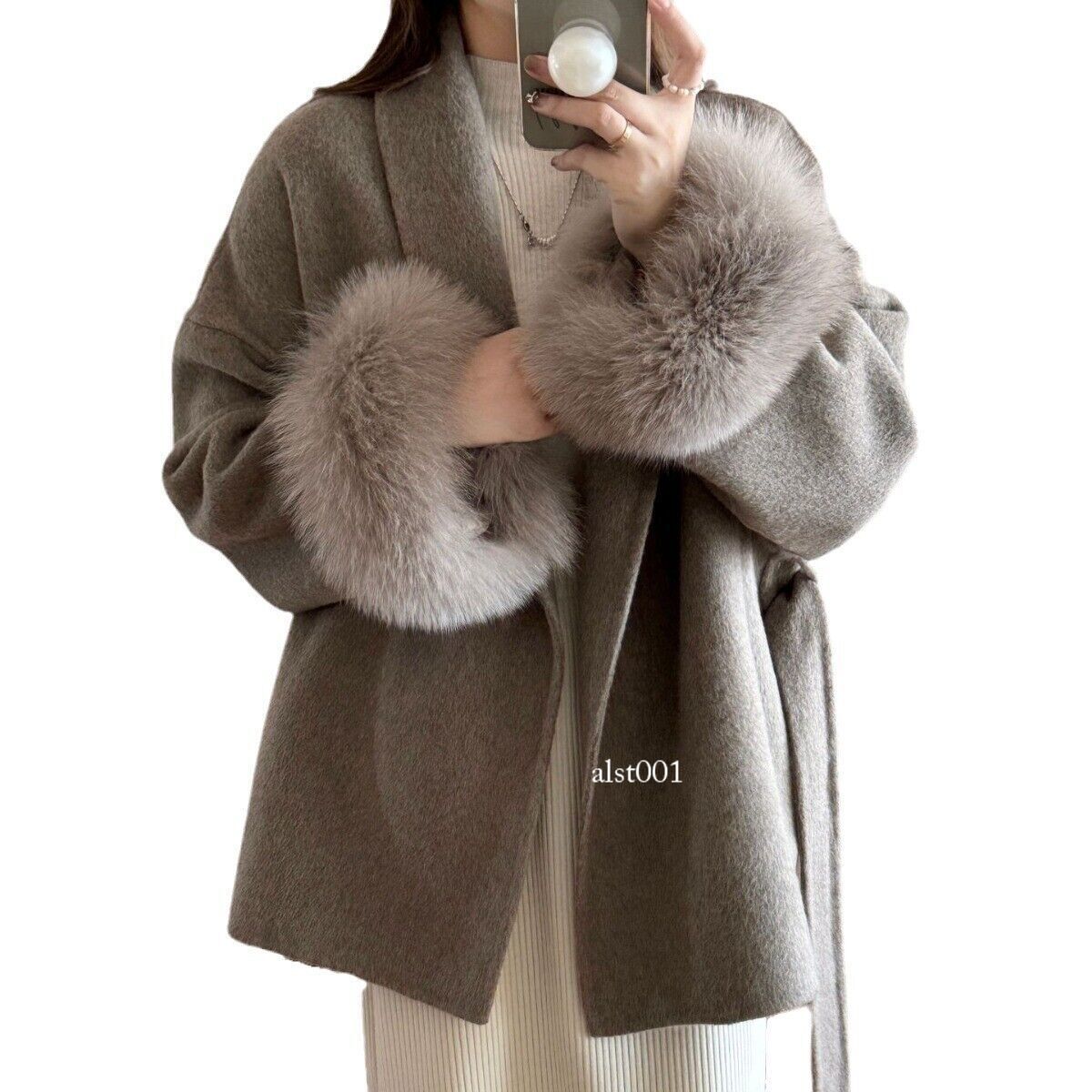 Winter Women's Fox Fur Sleeve Coat Wool Cashmere With Belted
