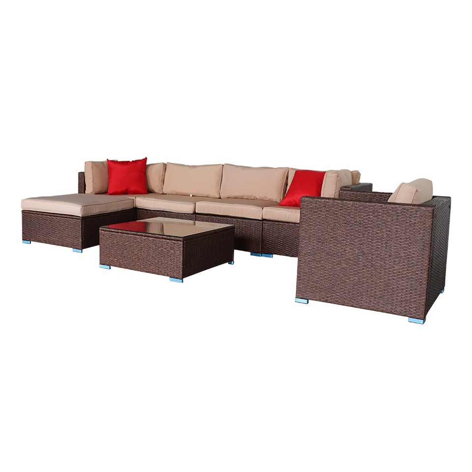 7 Piece Outdoor Patio Furniture Set Wicker Rattan Corner Sofa Cushions