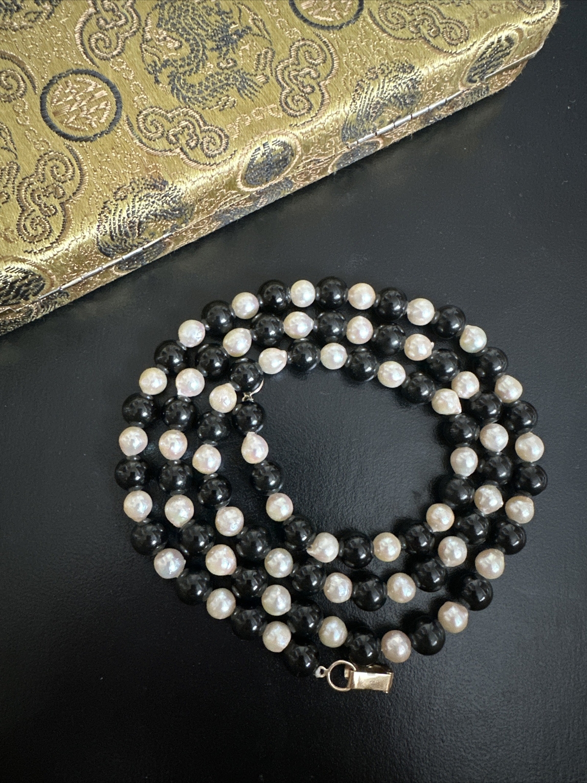 Vintage 14k Mings jewelry hawaii Black Jade Pearl Necklace 36 inches