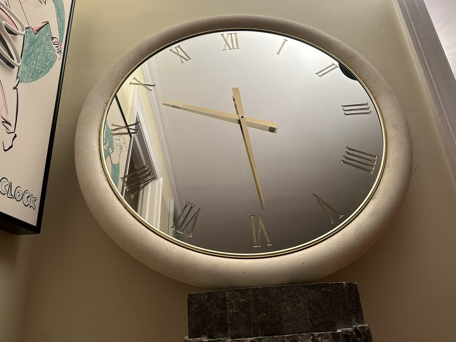 42” GIANT Postmodern Clock Stucco Mirrored Glass Roman Numeral READ Vintage
